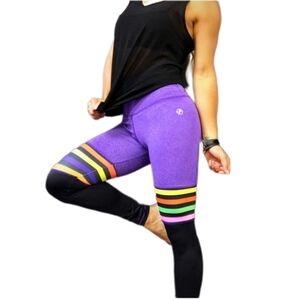 ABS2B Women's Purple High Knee Stripes‎ Scrunch Booty Workout Leggings Small